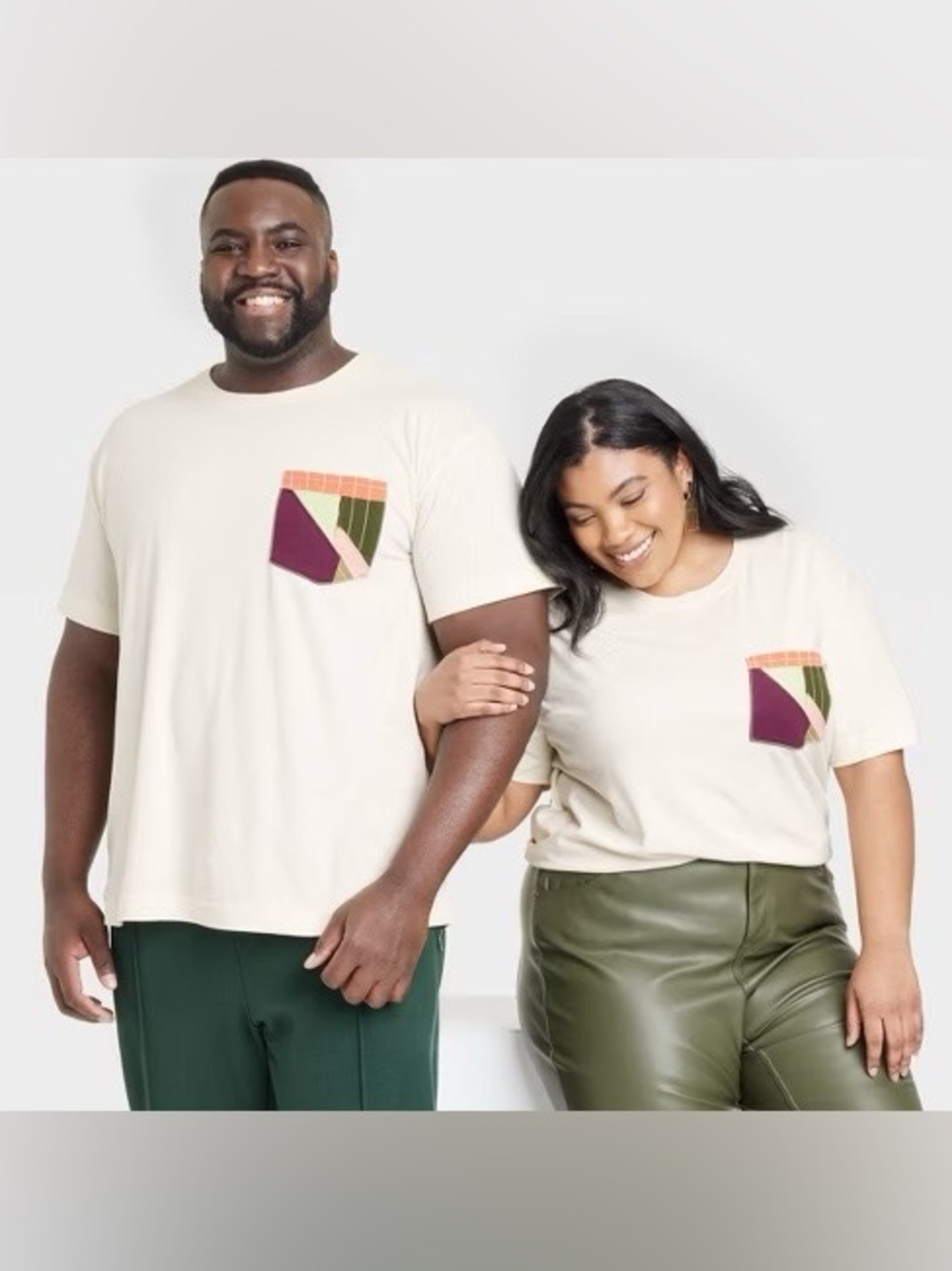 Target Cream Short Sleeve Pocket Tee with Olive and Plum Accent